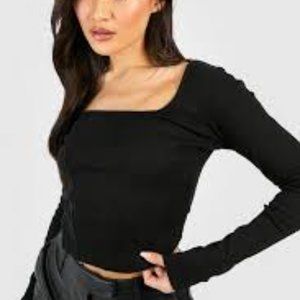 House of Harlow 1960 Black Long Sleeve Rib Ponte Knit Corset CropTop Sweater L